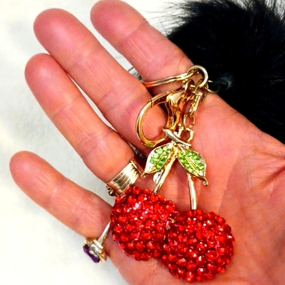 Crystal Cherries Bag Charm Key Chain Red w Black Faux Mink Black Pom - Picture 3 of 14